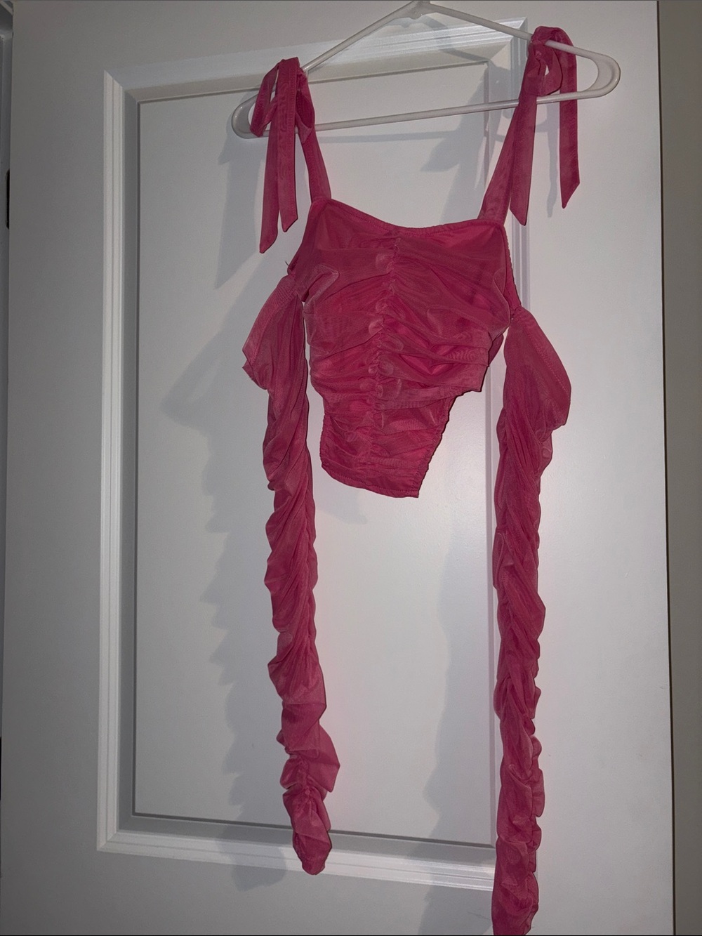 Womens Ruched Tie-Shoulder Crop Top - Pink